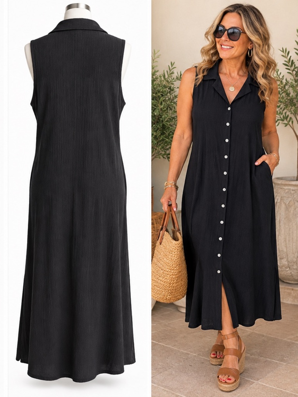 Fashion Bug Black Sleeveless Maxi Button-Front Dress